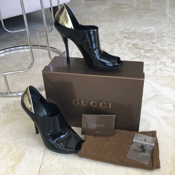 Gucci Black Stiletto Open Toe Booties Gold Back -8 - Picture 8 of 10
